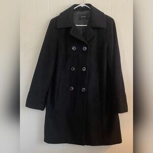 Tahari Pea Coat Women’s Large Black Wool Blend Double Breasted Lined Mid Length